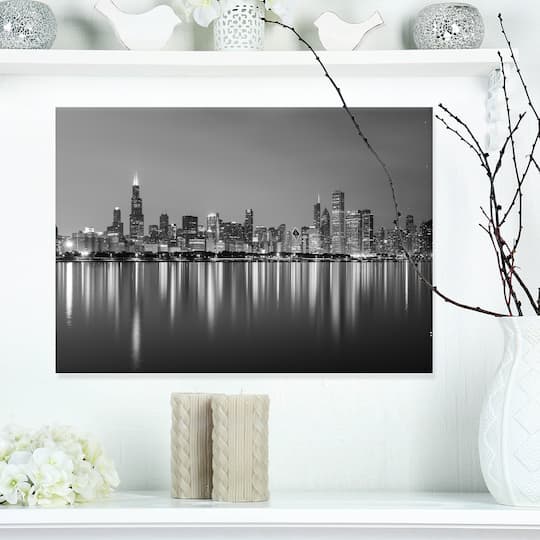Designart - Chicago Skyline at Night Black and White